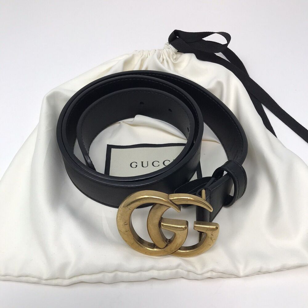 Gucci GG Marmont Thin Belt Black Leather Brass Double G Women Size 75/30 - Picture 12 of 14